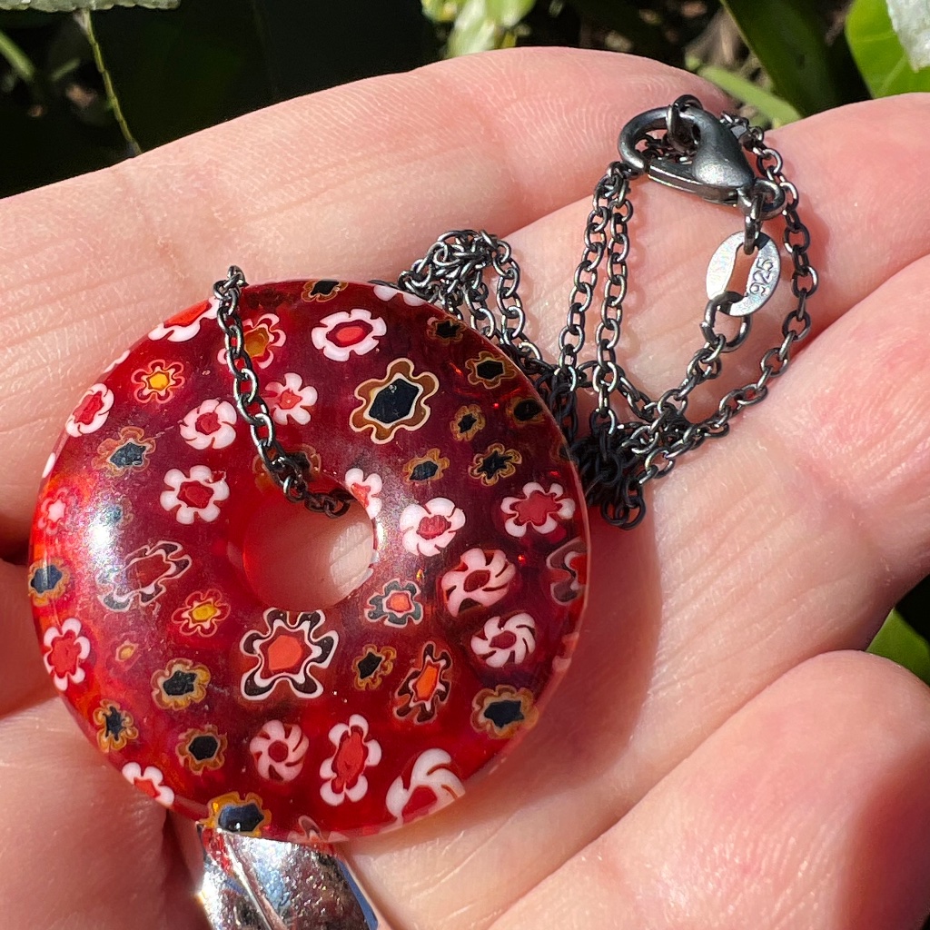 Vintage Murano Millefiori Red Venetian Glass Donut Pendant 925 Ss Chain Necklace